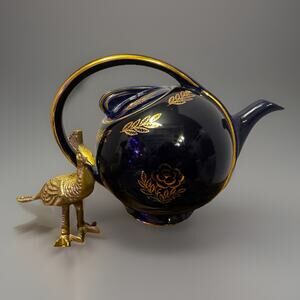 Vintage MCM Hall Sculptural Navy Gold Teapot | Made In USA | Atomic Age | 1960s